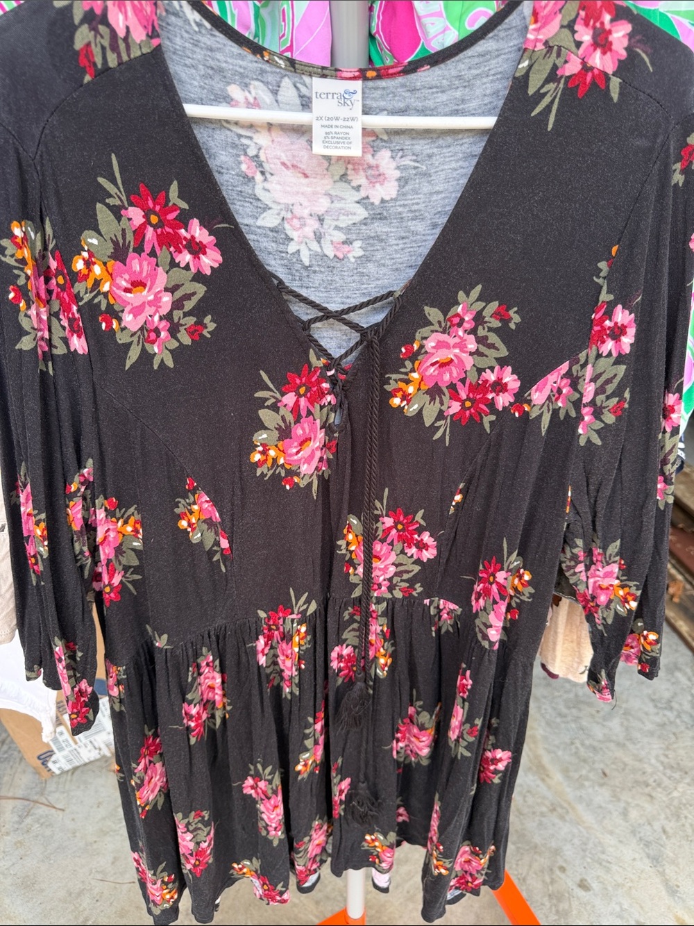Terra & Sky Black Floral Lace-Up V-Neck Tiered Tunic